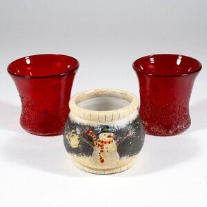 Frosted Red Glass and Raised Relief Snowman Votive/Tealight Holders, Set of 3